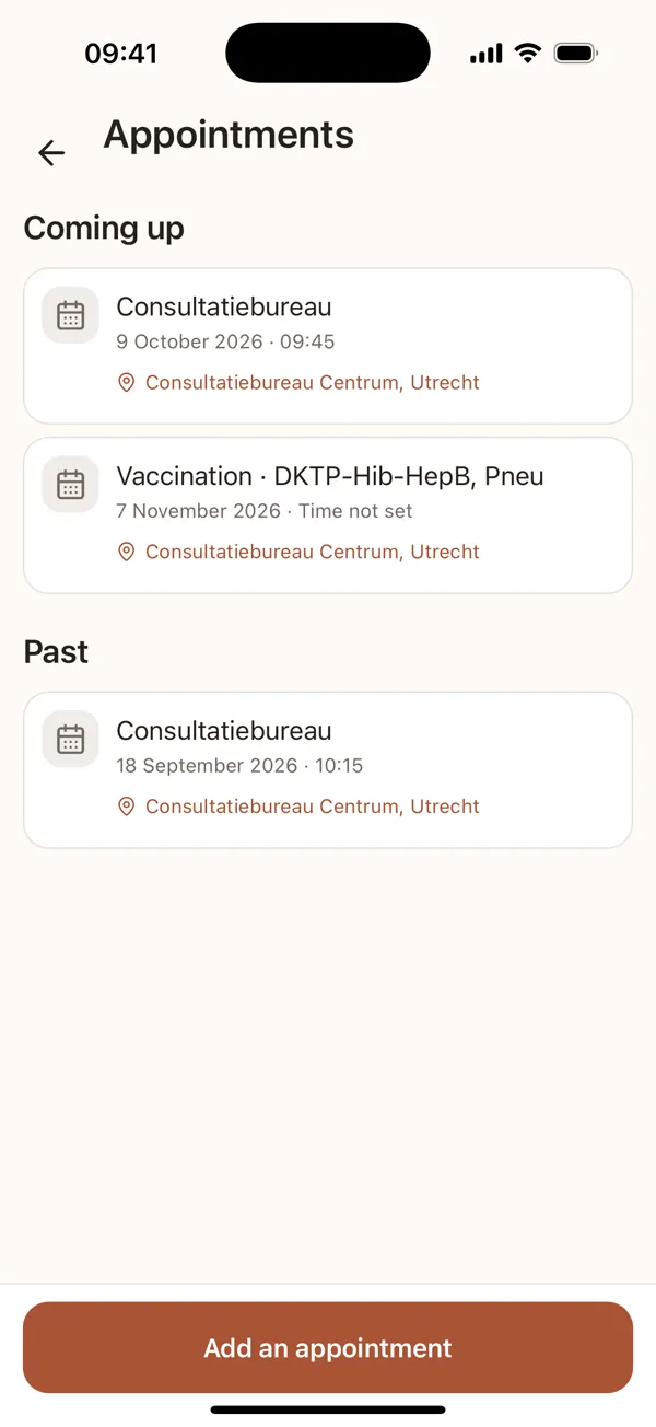 The appointments screen and the vaccination programme